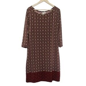 Tacera Dress XL Stretch Geometric Chevron Red Burgundy Tan Navy Pullover X Large